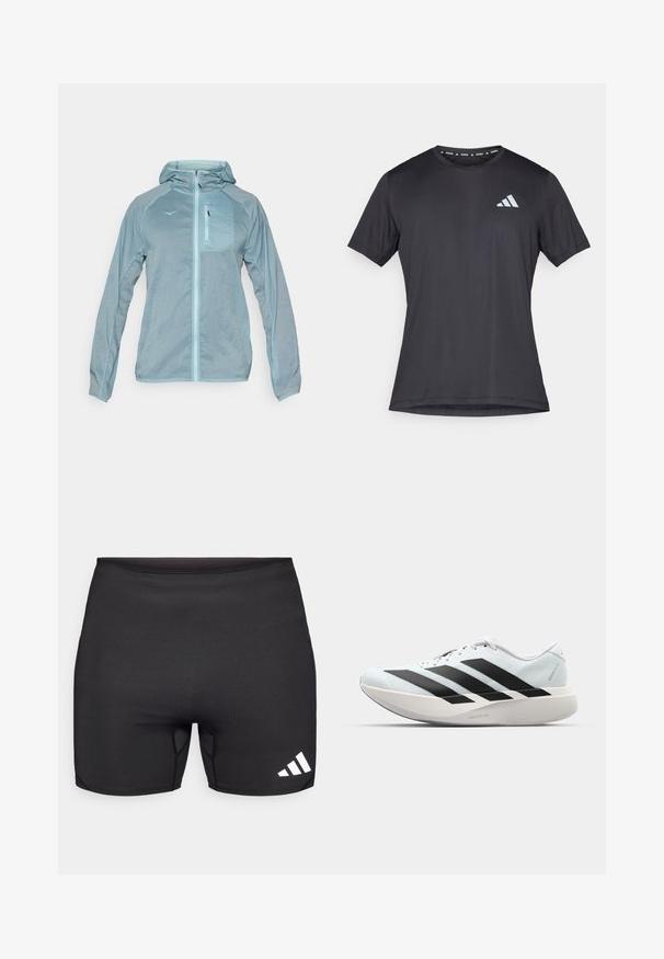 Light blue, lightweight jacket with a front zipper, hood, and zippered chest pocket. Features textured fabric with a logo on the chest.; Black athletic t-shirt, short sleeves, round neckline, made from lightweight fabric. Features a reflective Adidas logo on the front.; Black athletic shorts made of stretch fabric, featuring a snug fit, flatlock seams, and a white three-stripe logo on the lower right side.; Lightweight running shoes in pale blue with black stripes. Features a smooth upper, round toe, and thick white midsole labeled "LIGHTSTRIKE PRO."