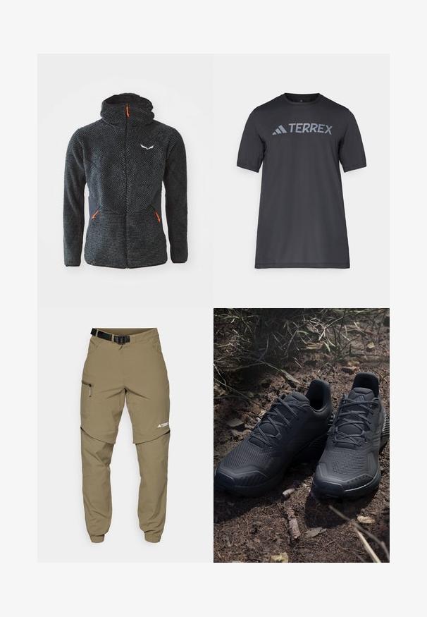 Černá huňatá zipová bunda s vysokým límcem, texturovaným předním dílem, černými bočními panely a oranžovými akcenty na zipu. Obsahuje logo na hrudi.; Černé tričko s krátkým rukávem vyrobené z lehkého materiálu, s světle šedým logem "TERREX" přes hruď a kulatým výstřihem.; Khaki outdoorové kalhoty s nastavitelním černým páskem, zipovými kapsami, zúženými nohavicemi a odnímatelnými spodními nohavicemi pro univerzální styl.; Černé atletické boty s texturovaným pleteným svrškem, zpevněnou špičkou a měkkou podešví, vystavené na zemi s přírodními odstíny a roztroušenými větvičkami.