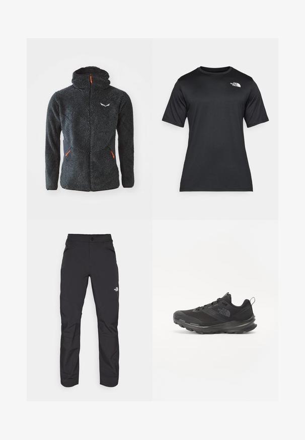 Fekete bolyhos cipzáras dzseki magas gallérral, textúrált elülső résszel, fekete oldalsó panelekkel és narancssárga cipzár díszítéssel. A mellkason található a logó.; Fekete, rövid ujjú póló, könnyű, nedvességelvezető anyagból készült. Bal oldalon fehér logóval rendelkezik, és kerek nyakú.; Fekete kültéri nadrág, cipzáras elülső zsebbel, szintetikus anyagból készült, szűkített lábakkal és megerősített térdpanelekkel. Gombos záródással rendelkezik.; Fekete sportcipő hálós felsőrésszel, gumitalppal és párnázott gallérral. Fűzős, oldalán logóval és textúrázott dizájnnal rendelkezik.