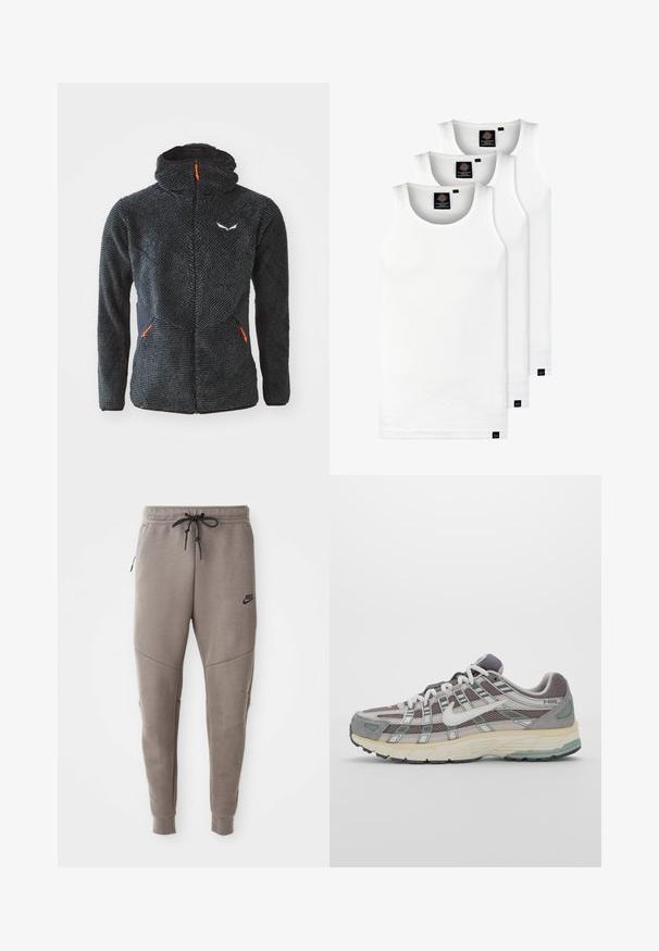 Černá huňatá zipová bunda s vysokým límcem, texturovaným předním dílem, černými bočními panely a oranžovými akcenty na zipu. Obsahuje logo na hrudi.; Tři bílé žebrované tílka vyrobené z bavlny. Mají kulatý výstřih a malé černé štítky poblíž lemu. Dostupné v několika velikostech.; Šedé Nike tepláky s elastickým pasem na šňůrku, zúženými nohavicemi, bočními kapsami a charakteristickým švem. Měkká, strukturovaná tkanina.; Šedá sportovní obuv s vrchní částí z mikrovlákna a semiše, bílými akcenty, polstrovanou podrážkou a jedinečným designem s reflexními prvky.