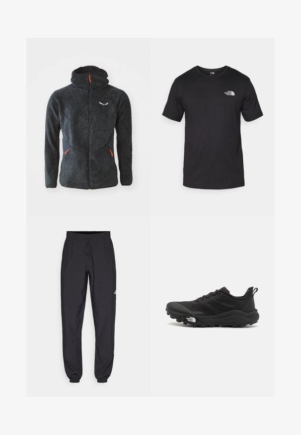 Jachetă neagră dintr-un material pufos, cu fermoar și guler înalt, cu față texturată, panouri laterale negre și accente portocalii la fermoar. Include logo pe piept.; Tricou scurt din bumbac, de culoare neagră, cu guler rotund și un mic logo alb în partea de sus a pieptului stâng.; Pantaloni atletici negri, confecționați dintr-un material ușor, cu un tiv elastic la talie, buzunare laterale și tivuri ajustate la gleznă.; Pantofii de alergare pe teren accidentat, de culoare neagră, cu un superior texturat, talpă din cauciuc și vârf întărit. Prezintă un guler căptușit și o bandă de prindere pentru îmbrăcare ușoară.