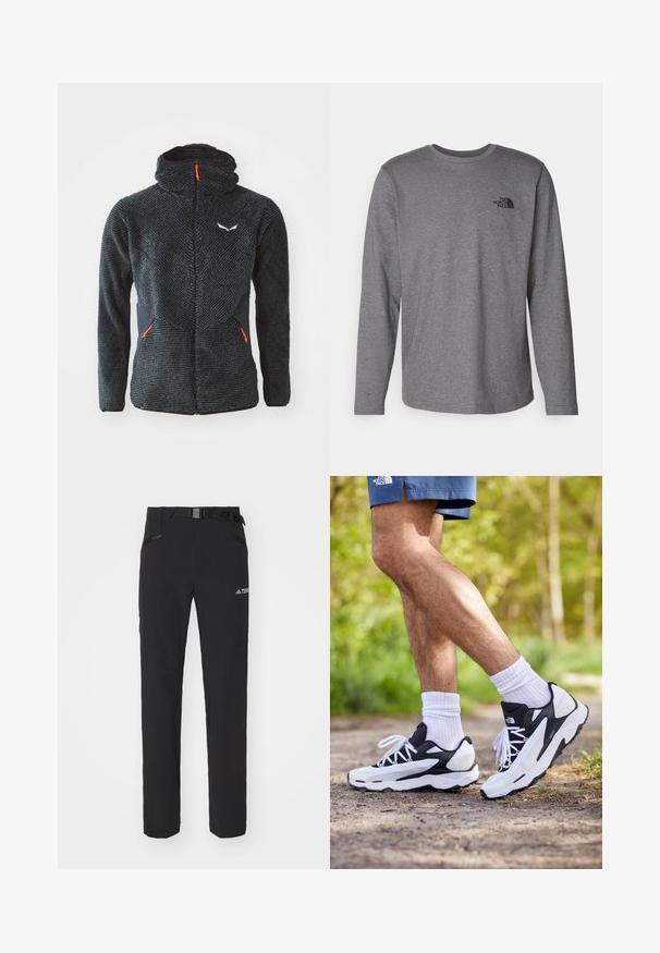 Musta pörröinen vetoketjullinen takki korkealla kauluksella, teksturoidulla edessä, mustilla sivupaneeleilla ja oransseilla vetoketjuaksenteilla. Sisältää logon rinnassa.; The North Face M L/S SIMPLE DOME TEE - Pitkähihainen paita - medium grey heather; Mustat ulkoiluhousut, joissa on sileä kangas, sivuilla vetoketjulliset taskut, vahvistetut polviosat ja säädettävä vyötärö, jossa on solki.; Mustat ja valkoiset urheilukengät, joissa on verkkopinta, tekstuuriset yksityiskohdat ja valkoiset nauhat. Yhdistetty valkoisiin nilkkasukkiin ja laivaston sinisiin shortsireihin polulla.