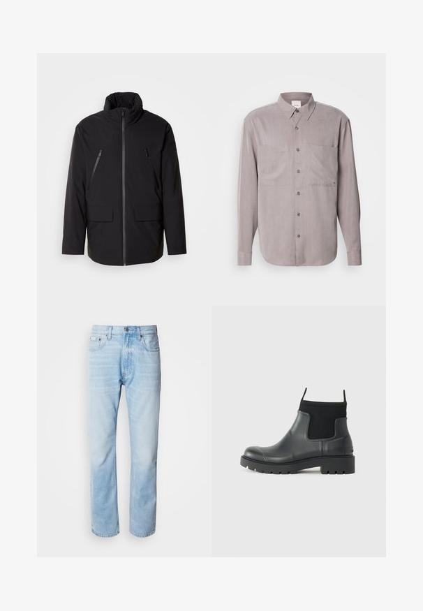 Fekete dzseki magas gallérral, teljes elülső cipzárral, két cipzáras mellzsebbel és két elülső hajtókás zsebbel; sima textúrájú és laza szabású.; Hosszú ujjú, gombos ing, tompa szürke anyagból, két mellzsebbel, klasszikus gallérral és azonos színű gombzárakkal.; Világoskék farmernadrág egyenes fazonnal, kopott részletekkel, öt zsebes kialakítással és klasszikus gombos zipzárral.; Fekete, matt felületű, gumiból készült bokacsizmák, amelyek letisztult dizájnnal, rugalmas panelekével és vastag talppal rendelkeznek a tapadás érdekében.