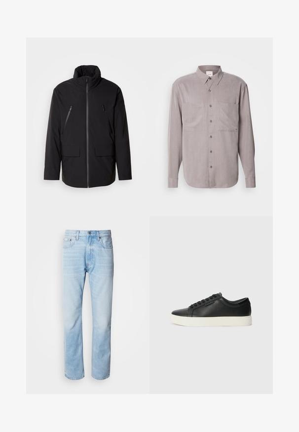 Zwarte jas met hoge kraag, volledige ritssluiting, twee ritszakken op de borst en twee voorzakken met klep; gladde textuur en ontspannen pasvorm.; Langschild overhemd in gedempt grijs stof, met twee borstzakken, een klassieke kraag en tonale knoopsluitingen.; Lichtblauwe denim jeans met een rechte pijp, met vervaagde delen, vijf-pocket ontwerp en een klassieke knoopsluiting.; Zwarte leren sneakers met geperforeerde structuur, ronde neus en platte witte rubberen zool. Voorzien van zwarte veters en een subtiel logo aan de zijkant.