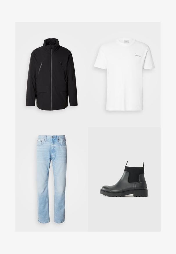 Czarna kurtka z wysokim kołnierzem, z pełnym zapięciem na suwak, dwiema kieszeniami na suwak na piersiach oraz dwiema kieszeniami z klapą z przodu; gładka struktura i luźny krój.; Biała bawełniana koszulka z krótkimi rękawami i okrągłym dekoltem. Posiada małe czarne logo "Calvin Klein" na lewej piersi.; Jasnoniebieskie dżinsy z prostymi nogawkami, z wyblakłymi odcieniami, pięcioma kieszeniami oraz klasycznym zapinaniem na guzik.; Czarne botki za kostkę wykonane z gumy o matowym wykończeniu, charakteryzujące się eleganckim designem, elastycznymi panelami oraz grubą podeszwą dla lepszej przyczepności.