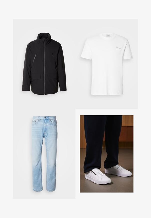 Sorte jakke med høj krave, fuld frontlynlås, to lynlåsede brystlommer og to frontlommer med klap; glat tekstur og afslappet pasform.; Hvid bomulds T-shirt med korte ærmer og rund halsudskæring. Har et lille sort "Calvin Klein" logo på venstre bryst.; Lyseblå denimjeans med lige ben, har slidte sektioner, fem lomme-design og en klassisk knapåbning.; Hvide sneakers med en glat læderfinish, flad sål og snørebåndsdesign. Lynlåsdetaillen på siden tilføjer funktionalitet. Sammen med mørke joggers.