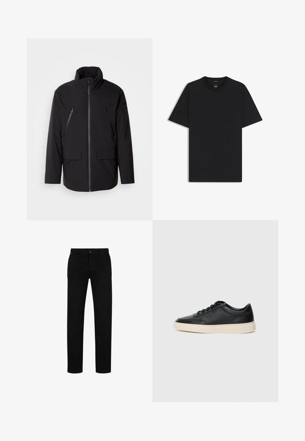 Svart jacka med hög krage, fullständig framdragkedja, två fickor på bröstet med dragkedja och två framfickor med klaff; slät textur och avslappnad passform.; Svart kortärmad T-shirt i en mjuk bomullsblandning, med rundad halsringning och en minimalistisk design utan mönster eller detaljer.; Svarta bomullsbyxor med rak passform, med knappstängning, bälteshällor och minimalistisk design. Slät textur, utan mönster.; Svart låg skor i läder med svarta snören och off-white sula, visas i sidoprofil på vit bakgrund.