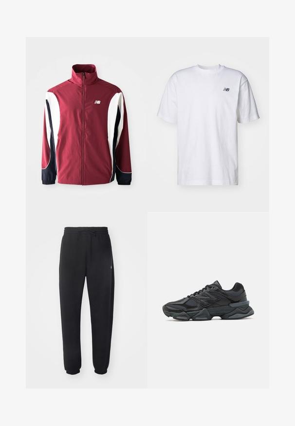 Bordeauxkleurige jack met hoge kraag, volledige rits, witte en marineblauwe zijpanelen, en logo op de linkerborst. Glad materiaal met elastische manchetten.; Witte korte mouwen crew neck T-shirt met klein zwart New Balance-logo op de linkerkant van de borst tegen een effen achtergrond.; Zwarte joggingbroek van zacht materiaal met een elastische tailleband, trekkoord en taps toelopende manchetten, met een subtiele logo aan de zijkant.; Zwarte hardloopschoen met een mix van mesh en synthetische materialen, een stevige zool, gebogen ontwerp en prominente branding op de zijkant.