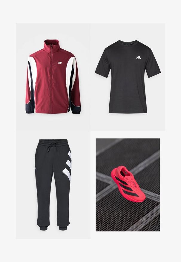 Bordo jakna s visokim ovratnikom, punim zatvaračem, bijelim i tamnoplavim bočnim panelima te logom na lijevoj strani prsima. Glatka tkanina s elastičnim manžetama.; Crna kratka majica s kratkim rukavima izrađena od tkanine s glatkom teksturom; sadrži bijeli logo na prsima i okrugli izrez.; Crne trenirke s elastičnim pojasom, vezicom i bijelim dijagonalnim prugama na lijevoj nozi, sužene na članicima.; Svijetloružičasta trkačka cipela s crnim prugama, izrađena od laganog mrežastog materijala, s teksturiranom potplatom i dizajnom s vezicama.
