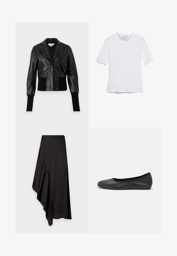 Juodas oda trumpas švarkas su pritaikytu apykakle, juostelėmis rankovėmis ir dviem priekinėmis kišenėmis. Lygus paviršius su blizgiu apdailos efektu.; Balta trumpa rankovėmis marškinėliai, pagaminti iš pasiruošusio audinio. Apvali iškirptė, reguliari tinkamumas ir subtilūs siuvimo detalės. Be raštų ar grafikos.; AERON ASTER SKIRT - Pieštukinis sijonas - black; Juodai odiniai baletai su apvaliu pirštu, lygi texture, minimalus siuvimo detales ir lanksčiu padų dizainu.
