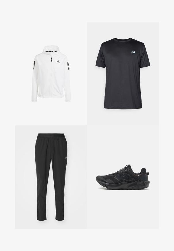 Biała kurtka wiatrówka z kapturem, z czarnymi logo Adidasa i trzema czarnymi paskami na każdym rękawie. Wykonana z lekkiego, gładkiego materiału.; New Balance - Koszulka sportowa; Czarne sportowe spodnie wykonane z lekkiego materiału, z elastycznym pasem, zwężającym się krojem i subtelnym logo po boku.; Czarne buty do biegania na szlakach z teksturowaną siateczkową cholewką, wspierającymi wzmocnieniami oraz szorstką podeszwą dla lepszej przyczepności. Posiadają wyraźne logo.