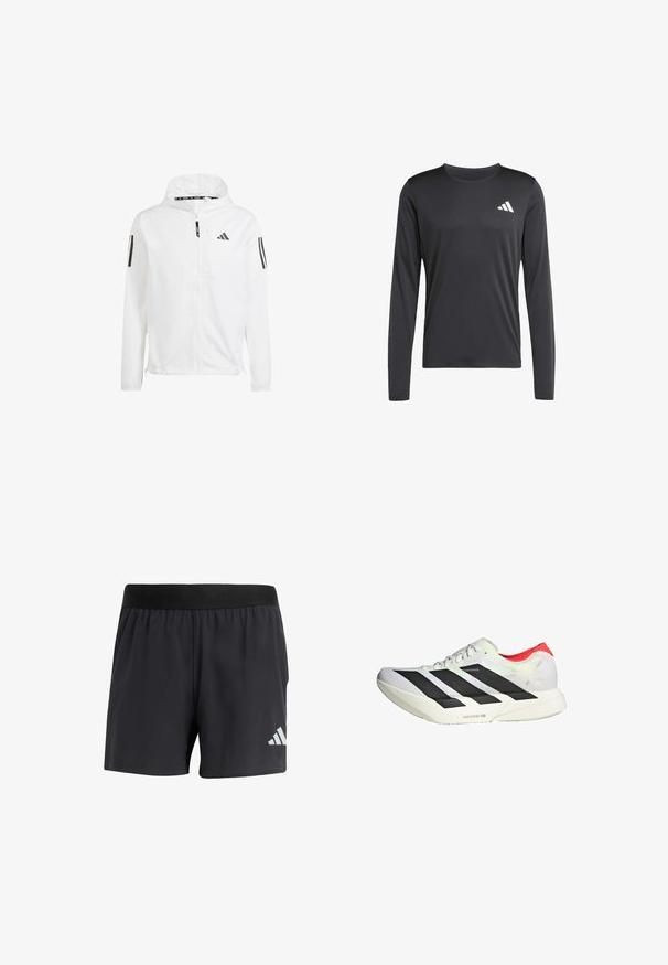 White windbreaker jacket with a hood, featuring black Adidas logos and three black stripes on each sleeve. Made from lightweight, smooth material.; Black long-sleeve athletic shirt made of smooth, lightweight fabric featuring a small white logo on the upper left. Simple and fitted design.; Black athletic shorts with an elastic waistband, featuring a smooth texture and a reflective white logo on the lower left side.; White athletic shoe with black diagonal stripes, red accents at the heel, and a textured upper; features LIGHTSTRIKE PRO cushioning.