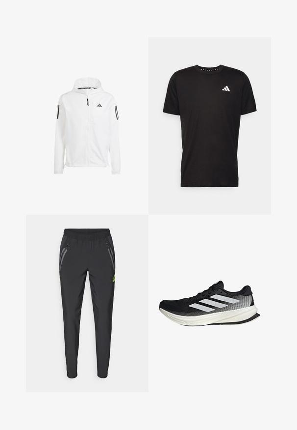 Biała kurtka wiatrówka z kapturem, z czarnymi logo Adidasa i trzema czarnymi paskami na każdym rękawie. Wykonana z lekkiego, gładkiego materiału.; Czarna bawełniana koszulka z krótkim rękawem, okrągłym dekoltem i białym logo na lewej piersi. Gładka tekstura i prosty design.; adidas Performance REAL MADRID VISTECH czarny; Czarny but sportowy z siateczkowym wzorem, z białymi paskami, zaokrąglonym noskiem i teksturowaną podeszwą dla lepszej przyczepności i wsparcia.