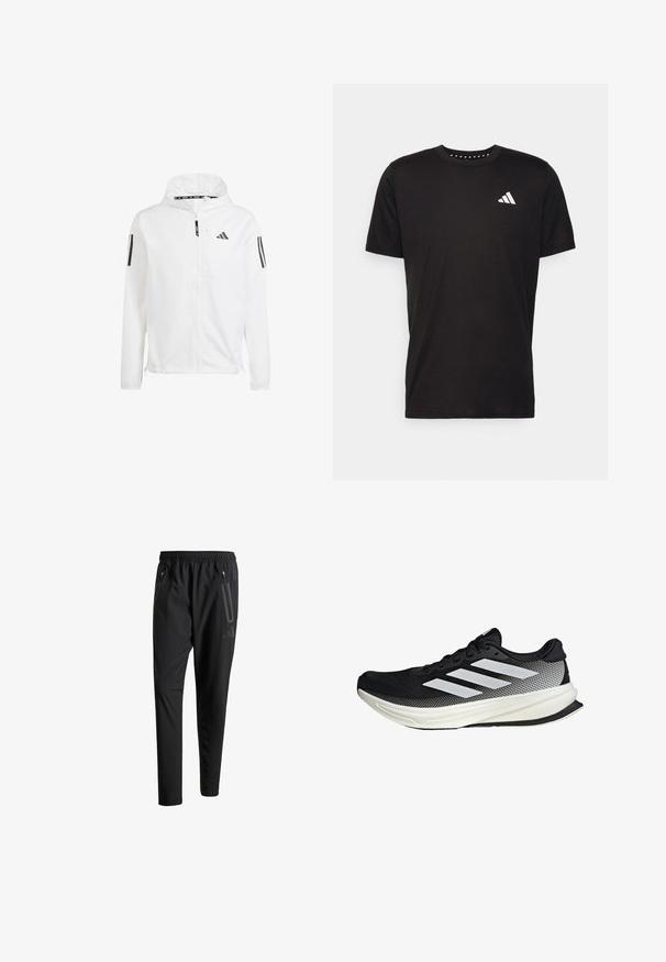 Weiße Windjacke mit Kapuze, verziert mit schwarzen Adidas-Logos und drei schwarzen Streifen an jedem Ärmel. Hergestellt aus leichtem, glattem Material.; Schwarzes Baumwoll-T-Shirt mit kurzen Ärmeln, Rundhalsausschnitt und einem weißen Logo auf der linken Brust. Glatte Textur und einfaches Design.; Schwarze Sporthose mit elastischem Bund, zwei Reißverschlusstaschen an den Seiten, schmal zulaufenden Beinen und einem dezenten Logo-Detail an der Hüfte.; Schwarzer Sportschuh mit einem Mesh-Design, ausgestattet mit weißen Streifen, einer runden Zehenpartie und einer strukturierten Sohle für Grip und Unterstützung.