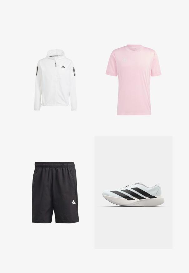 Giacca leggera bianca con cappuccio, dotata di loghi Adidas neri e tre strisce nere su ciascun maniche. Realizzata in materiale leggero e liscio.; Maglietta atletica leggera a maniche corte di colore rosa chiaro. Presenta il logo Adidas bianco e dettagli laterali. Tessuto morbido, colletto tondo.; Pantaloni sportivi neri con vita elasticizzata, tasche laterali con zip e logo bianco sulla gamba sinistra. Leggeri e dalla texture liscia.; Scarpe da corsa leggere di colore azzurro pallido con strisce nere. Presentano una tomaia liscia, punta rotonda e un'ampia intersuola bianca etichettata "LIGHTSTRIKE PRO."
