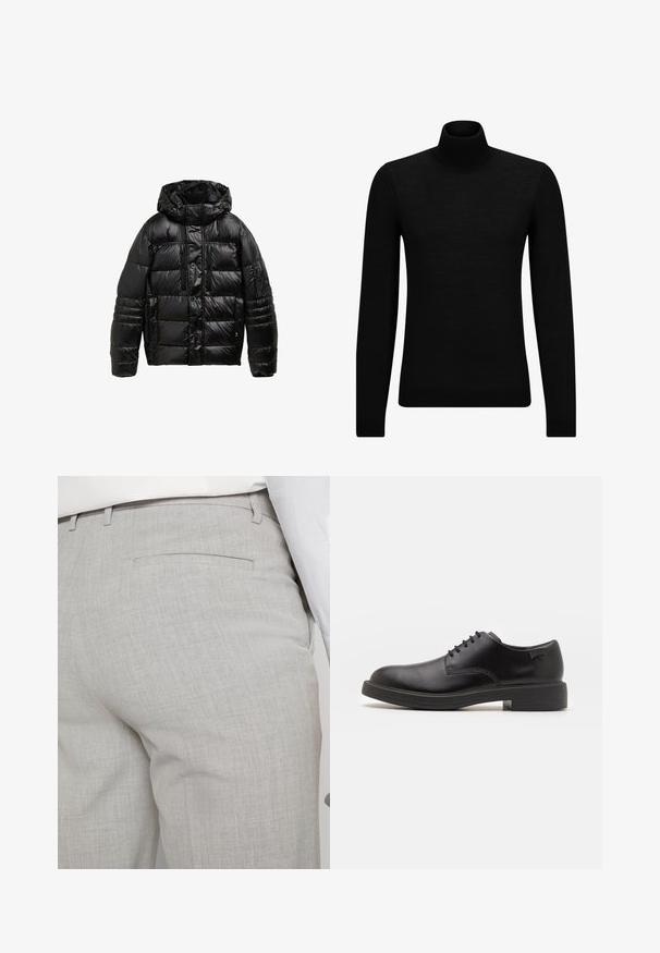 Czarna kurtka puchowa wykonana z błyszczącego materiału syntetycznego. Posiada kaptur, zapięcie na guziki i zamek błyskawiczny oraz dwie przednie kieszenie z detalicznym przeszyciem.; Czarny sweter z golfem wykonany z miękkiego materiału, z długimi rękawami i dopasowanym krojem. Żebrowane wykończenie na dolnym brzegu i mankietach. Prosty design.; Jasnoszare, dopasowane spodnie wykonane z fakturowanej tkaniny, z pojedynczą tylną kieszenią i starannym przeszyciem.; Czarny skórzany but za kostkę z okrągłym noskiem, gładką fakturą, minimalnym przeszyciem i niskim gumowym obcasem. Logo na pięcie.