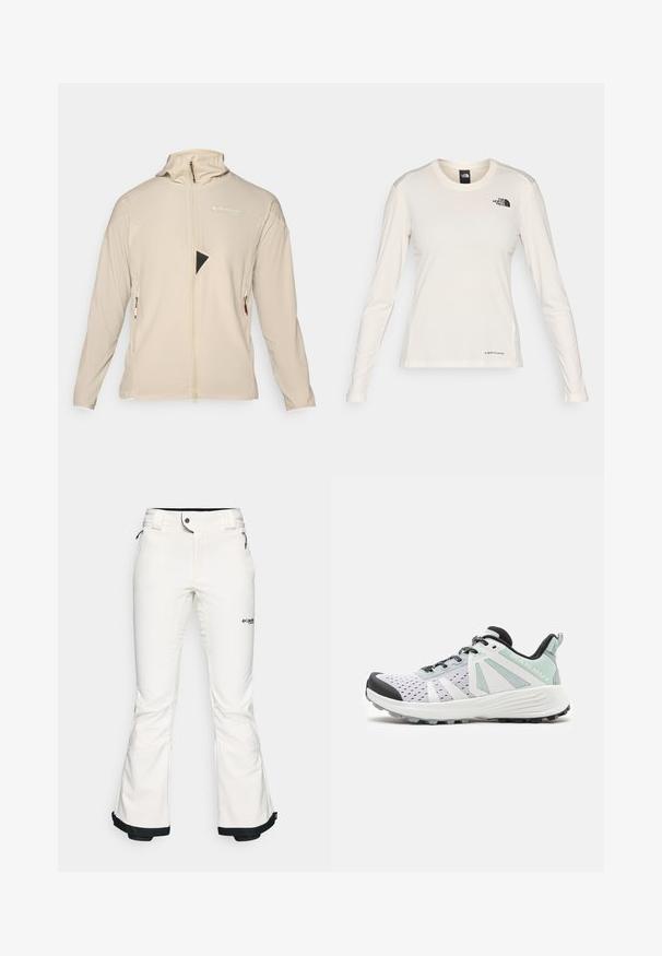 Beige lightweight jacket with a high collar, full-length zip, and zippered side pockets. Features triangular black mesh insert on chest.; The North Face SHADOW LONG SLEEVE - Long sleeved top - white dune; White ski pants made from soft, flexible material. Features a fitted waist, wide flared legs, and black trim at the cuffs. Brand logo visible.; Athletic shoe with a white mesh upper, black rubber toe cap, mint accents, and textured sole. Features laces and logo on the side.