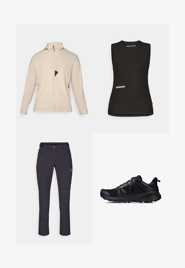 Beige lightweight jacket with a high collar, full-length zip, and zippered side pockets. Features triangular black mesh insert on chest.; Black sleeveless shirt with a textured pattern, featuring a round neckline and a "MAMMUT" logo on the front. Made of breathable material.; Dark grey hiking pants made of durable material, featuring zippered pockets, adjustable waistband, and a logo patch on the upper leg.; Black trail running shoe with a mesh upper and rubber sole. Features textured overlays, reinforced toe cap, and brand logo on the heel.