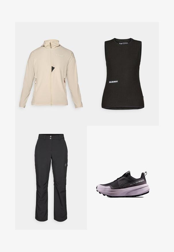 Veste légère beige avec un col montant, fermeture éclair sur toute la longueur et poches latérales zippées. Dotée d'un insert en maille noire triangulaire sur la poitrine.; T-shirt sans manches noir avec un motif texturé, doté d'un col rond et d'un logo "MAMMUT" à l'avant. Fabriqué en matériau respirant.; Pantalons en extérieur noirs à coupe droite, dotés d'une fermeture par bouton, de poches latérales zippées et d'un patch logo sur la cuisse gauche.; Chaussure de trail running noire et violette avec une tige texturée, une semelle rembourrée et un logo bien visible. Elle dispose d'un design à lacets et d'une semelle résistante.