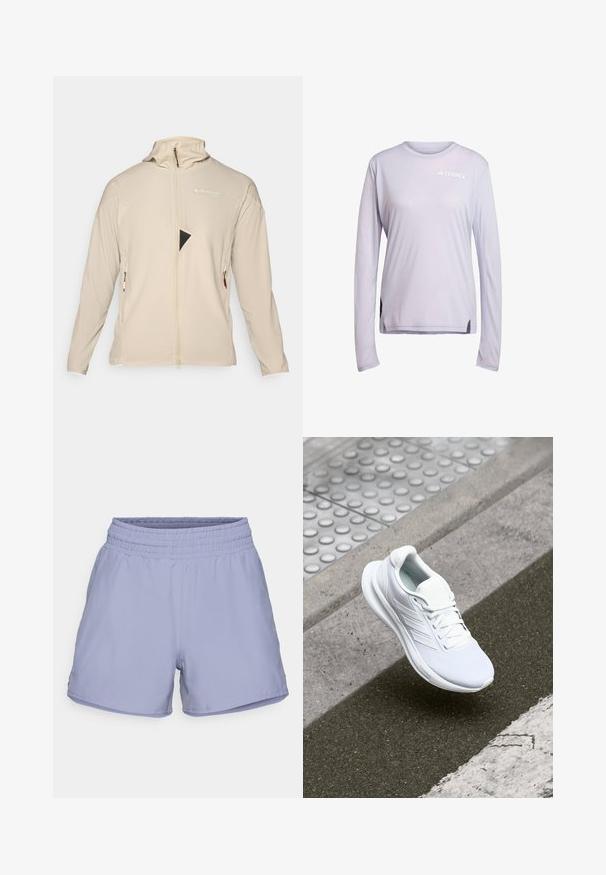 Beige lightweight jacket with a high collar, full-length zip, and zippered side pockets. Features triangular black mesh insert on chest.; Light lavender long-sleeve shirt made of breathable fabric. Features mesh accents at the sides and a white TERREX logo on the chest.; Light purple athletic shorts with an elastic waistband, smooth fabric, and side slits for increased mobility. No visible logos or patterns.; White athletic shoe featuring a mesh upper, lace-up design, and textured sole. Subtle branding and seamless construction details visible.