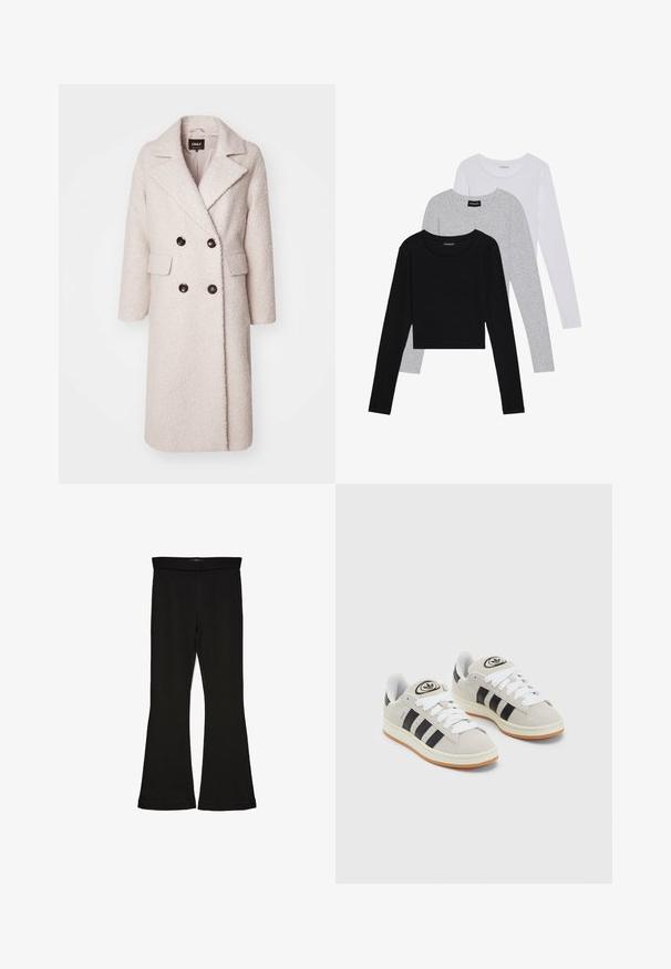 Helle beiges, doppelt geknöpftes Sakko aus strukturiertem Stoff mit Reverskragen, zwei Fronttaschen und schwarzen Knöpfen.; Drei langärmelige Oberteile gestapelt: schwarz, grau und weiß. Jedes hat einen runden Halsausschnitt und ein kurzes Design aus glattem, leichtem Stoff.; Schwarze Schlagleggings aus dehnbarem Stoff. Sie verfügen über einen breiten Bund und eine glatte Textur, mit einer enganliegenden Silhouette, die am Saum ausgestellt ist.; Graue Wildledersneaker mit weißen Schnürsenkeln, schwarzen Streifen und einer weißen Gummisohle. Merkmale sind ein kreisförmiges Logo auf der Zunge und eine Gummisohle.