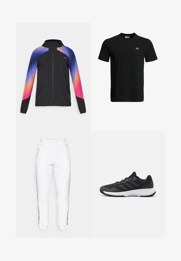 Sort letvægtsjakke med et gradientdesign i lilla, orange og pink. Har en lynlås, hætte og to frontlommer.; Sort bomulds T-shirt med rund halsudskæring, korte ærmer og et lille grønt krokodille-logo på venstre bryst. Glat tekstur, afslappet design.; Hvide sweatsbukser med elastisk talje, udstyret med sorte sidestriber og manchetter. Lavet af blødt stof med en glat tekstur.; Sort atletisk sko med en struktureret overdel, tre vandrette striber og en hvid sål med et mønstret slidbane. Letvægts- og strømlinet design.