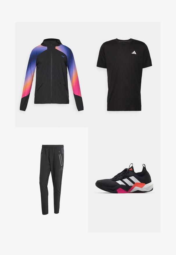 Must mustriga must ja gradient disainiga must jope, mis on violetse, oranži ja roosa värviga. Omab lukku, kapuutsi ja kahte eesmist taskut.; Must must ka t-särk lühikeste varrukatega, ümmarguse kaelusega ja valge logoga vasakul rinnal. Sile tekstuur ja lihtne disain.; Mustad mustrinäär megaelastse vöökoha, kahe tõmbluku küljeosalise tasku, kitseneva lõike ja peegeldavate detailidega esiosas.; Mustaline spordijalats valgete triipudega, tekstureeritud ülemise osaga ja pehme tallaga, millel on oranžid, roosad ja valged aktsendid. Sidumisdisain koos tõmblukuga.