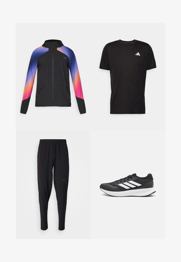 Fekete, könnyű dzseki, lila, narancssárga és rózsaszín átmeneti mintázattal. Cipzárral, kapucnival és két elülső zsebbel rendelkezik.; Fekete pamut póló rövid ujjal, kerek nyakkivágással, bal mellrészen fehér logóval. Sima textúra és egyszerű dizájn.; Fekete sportnadrág elasztikus derékpánttal, keskenyített fazonnal, oldalsó zsebekkel és diszkrét logóval. Rugalmas, légáteresztő anyagból készült.; Fekete sportcipő légáteresztő hálós felsőrésszel, fehér kiegészítőkkel és párnázott talppal. Az oldalon három csíkkal ellátott logó található.