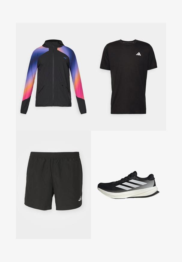 Czarna lekka kurtka z gradientowym wzorem w odcieniach fioletu, pomarańczu i różu. Posiada zamek błyskawiczny, kaptur oraz dwie przednie kieszenie.; Czarna bawełniana koszulka z krótkim rękawem, okrągłym dekoltem i białym logo na lewej piersi. Gładka tekstura i prosty design.; Czarne spodenki sportowe z elastycznym paskiem w talii, bocznymi rozcięciami i odblaskowymi akcentami logo. Wykonane z lekkiego, gładkiego materiału.; Czarny but sportowy z siateczkowym wzorem, z białymi paskami, zaokrąglonym noskiem i teksturowaną podeszwą dla lepszej przyczepności i wsparcia.