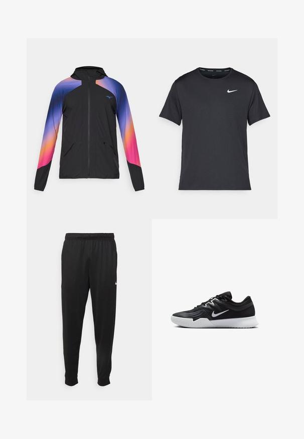 Chaqueta ligera negra con un diseño degradado en púrpura, naranja y rosa. Cuenta con una cremallera, capucha y dos bolsillos delanteros.; Camiseta de running negra de Nike, hecha de material ligero y transpirable, con mangas cortas y un pequeño logo blanco en el pecho.; Pantalones deportivos negros de tejido suave, con cintura elástica, perneras ajustadas y un pequeño logotipo blanco en el lado izquierdo.; Zapatilla deportiva negra con parte superior texturizada, logo de Nike en blanco y suela de goma blanca. Tiene un diseño con cordones y una forma dinámica.