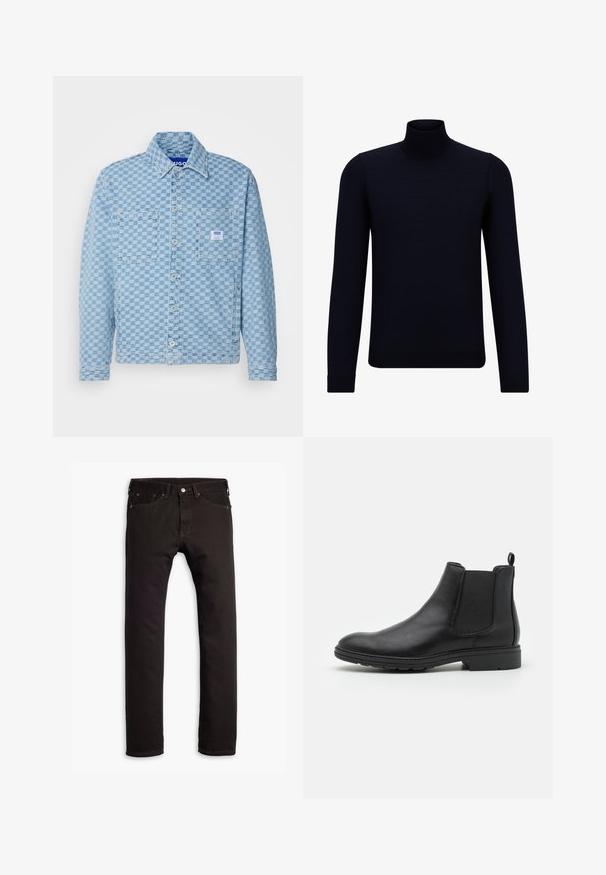 HUGO MAGARO - Džinsinis švarkelis - light/pastel blue; Tamsiai mėlynas megztinis su aukštu kaklu, pagamintas iš smulkaus mezgimo audinio, su ilgomis rankovėmis ir prisitaikančiu, aukštu kaklu. Nėra matomų raštų ar akcentų.; Juodi liekni džinsai su penkiomis kišenėmis ir mygtuko uždarymu, išdėstyti plokščiai ant baltos fono.; Juodas odinis Čelsio batų modelis su elastinėmis šoninėmis juostelėmis ir kilpike, apvalia nosimi ir tekstūruotu guminiu padu.