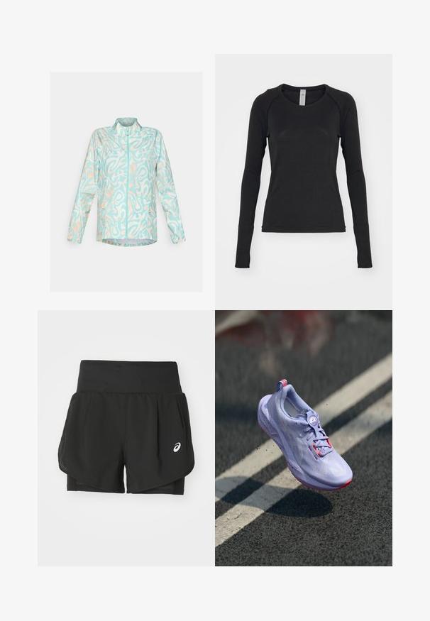 Leichte blaue Jacke mit einem abstrakten weißen und Pfirsichmuster, durchgehendem Reißverschluss, Stehkragen und zwei seitlichen Taschen.; Langärmliges Shirt in Schwarz, aus weichem Stoff. Es hat einen Rundhalsausschnitt und Raglanärmel mit Daumenlöchern an den Bündchen. Minimalistisches Design.; Schwarze Sportshorts mit einem atmungsaktiven Mesh-Overlay, inneren Shorts mit glattem Material und einem weißen Logo auf der linken Seite.; Helle lila Laufschuh mit strukturiertem Obermaterial, pinken Akzenten, einem runden Schnürsystem und einer gesprenkelten Sohle, die über einem Asphalt-Hintergrund schwebt.