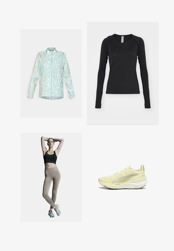 Giacca leggera blu con un motivo astratto bianco e pesca, chiusura frontale con zip, colletto rialzato e due tasche laterali.; Camicia a maniche lunghe nera, realizzata in tessuto morbido. Presenta un collo rotondo e maniche raglan con aperture per il pollice nei polsini. Design minimalista.; Reggiseno sportivo nero e leggings beige a vita alta, con cuciture laterali e dettagli. Il modello indossa scarpe da ginnastica grigio chiaro con suola imbottita.; Scarpa da ginnastica gialla chiara con parte superiore testurizzata, accenti grigi e suola ammortizzata. Presenta un design con lacci e una linguetta sul tallone.