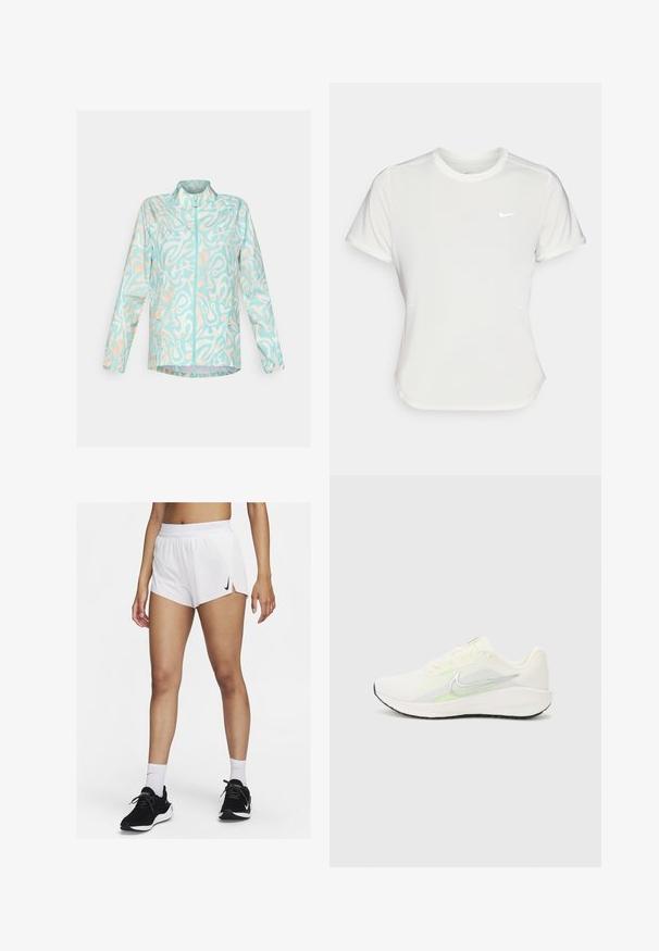 Kerge sinine jakk, millel on abstraktne valge ja virsiku muster, täispikkuses lukk esiküljel, püstine krae ja kaks küljetaskut.; Nike T-särk valgetes toonides, lühikeste varrukatega, ümar kaelus, valmistatud siledast ja kergest kangast. Rinnal on peene logo.; Valged spordipüksid soonilise vöökohaga, külgmiste lõhikute ja musta Nike logoga. Kandmiseks koos mustade spordijalatsite ja valgete sportlike sokkidega.; Nike Performance DOWNSHIFTER 13 - Maanteejooksu jalatsid - sail/silver-coloured photon dust/summit white/barely volt/black