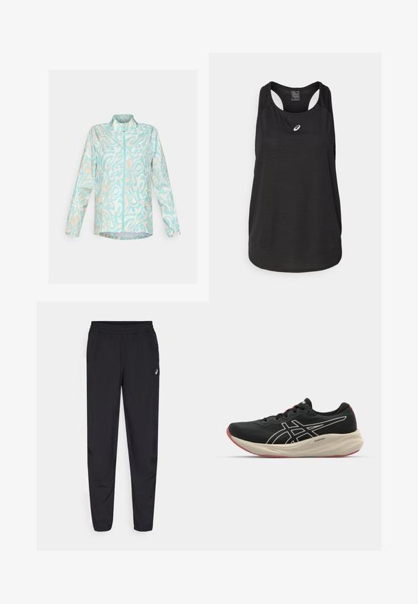 Giacca leggera blu con un motivo astratto bianco e pesca, chiusura frontale con zip, colletto rialzato e due tasche laterali.; Canotta atletica nera realizzata in tessuto leggero. Presenta un colletto rotondo, un design con schiena a racer e un piccolo logo bianco sulla parte anteriore.; Pantaloni sportivi neri con vita elastica, gambe affusolate con polsini, realizzati in un materiale leggero e liscio, con un piccolo logo sulla coscia.; Scarpa da corsa nera con tomaia in rete e dettagli bianchi. Presenta un intersuola ammortizzata e un particolare suola rossa. Design leggero.