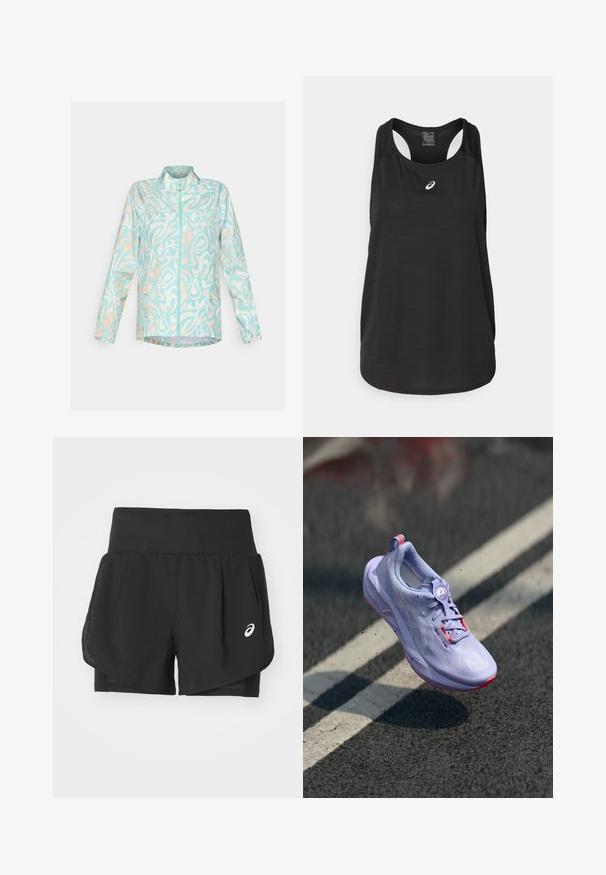 Veste légère bleue avec un motif abstrait blanc et pêche, fermeture éclair sur le devant, col montant et deux poches latérales.; Débardeur de sport noir en tissu léger. Présente un col rond, un design dos nageur et un petit logo blanc à l'avant.; Shorts de sport noirs dotés d'un revêtement en maille respirante, de sous-shorts au toucher lisse, et d'un logo blanc sur le côté gauche.; Baskets de course violettes claires avec un dessus texturé, des accents roses, un mécanisme de laçage arrondi et une semelle mouchetée, surélevées au-dessus d'un fond en pavé.