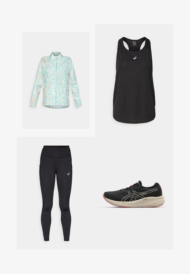 Lightweight blue jacket with an abstract white and peach pattern, full zip front, stand-up collar, and two side pockets.; Black athletic tank top made of lightweight fabric. Features a round neckline, racerback design, and a small white logo on the front.; Black leggings with a high waistband, made from smooth, stretchy material. Features a subtle logo on the thigh and side pockets.; Black running shoe with a mesh upper and white accents. Features a cushioned midsole and red outsole detail. Lightweight design.