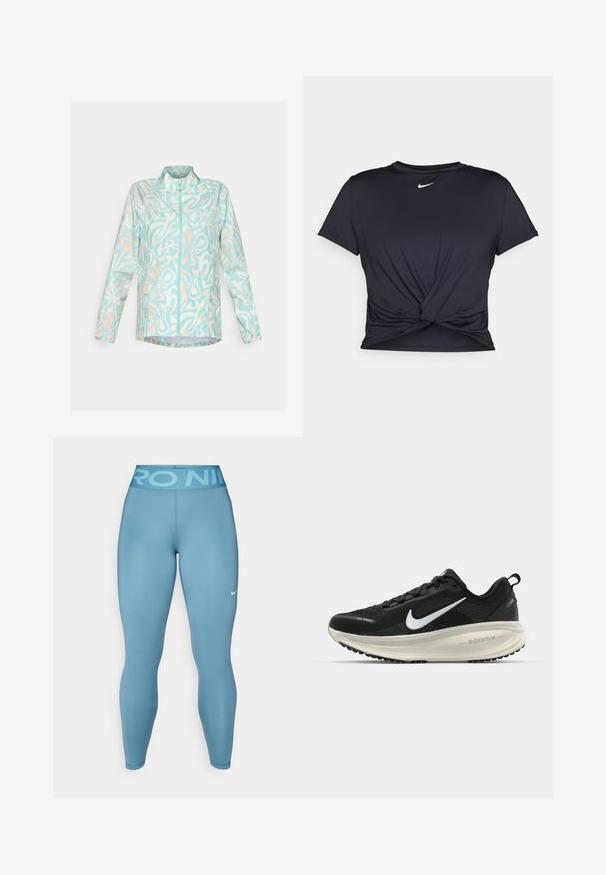 Lightweight blue jacket with an abstract white and peach pattern, full zip front, stand-up collar, and two side pockets.; Black athletic t-shirt made of smooth fabric, featuring a knotted front design and a small white Nike logo on the chest.; Light blue athletic leggings with a smooth texture and high waistband featuring "PRO NIKE" lettering. Includes a small white Nike logo.; Black Nike running shoe with breathable mesh upper, white swoosh logo, textured detailing, and a cream-colored ZoomX midsole.