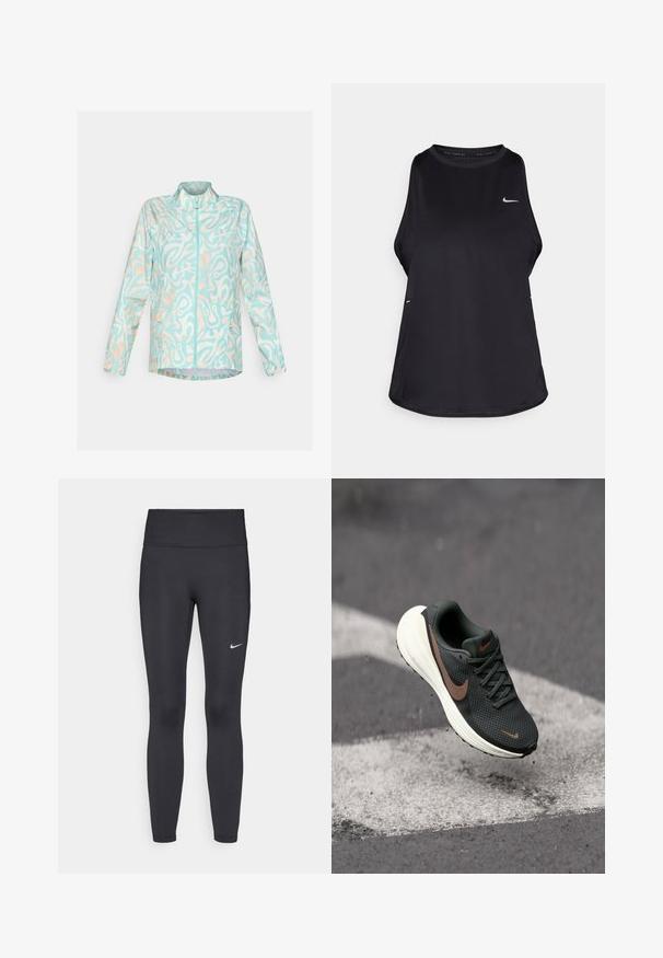Veste légère bleue avec un motif abstrait blanc et pêche, fermeture éclair sur le devant, col montant et deux poches latérales.; Débardeur de course sans manches noir, fabriqué dans un matériau léger, avec un col rond ; présente un logo discret et des fentes sur les côtés pour une meilleure respirabilité.; Leggings noirs en tissu extensible, dotés d'une taille haute et d'un logo Nike blanc sur la cuisse gauche. Texture lisse, design ajusté.; Baskets de course en mesh noir avec une tige texturée, un swoosh Nike marron et une semelle blanche rembourrée, suspendues au-dessus d'une surface grise.