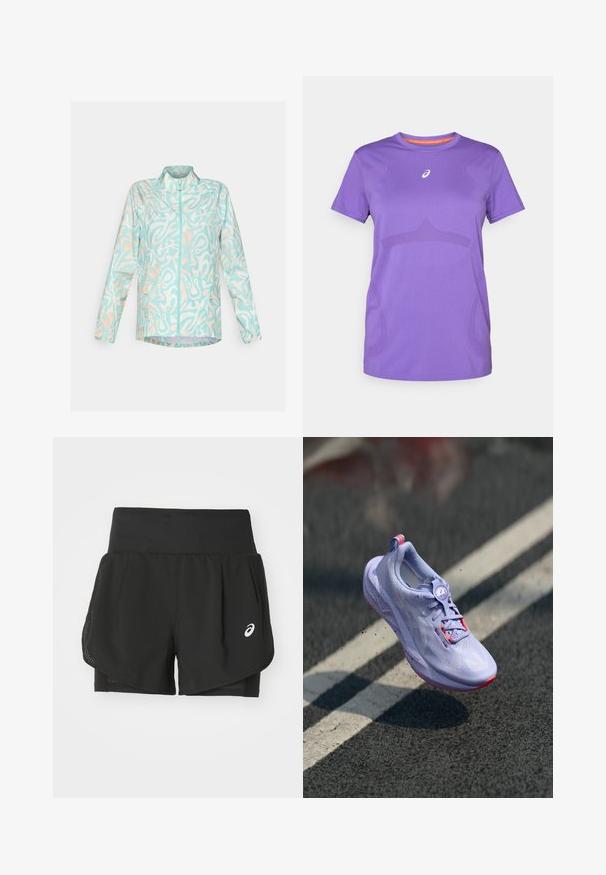 Leichte blaue Jacke mit einem abstrakten weißen und Pfirsichmuster, durchgehendem Reißverschluss, Stehkragen und zwei seitlichen Taschen.; Lila Sport-T-Shirt aus atmungsaktivem Material. Mit Rundhalsausschnitt, kurzen Ärmeln und dezentem, tonalem Muster auf der Vorderseite.; Schwarze Sportshorts mit einem atmungsaktiven Mesh-Overlay, inneren Shorts mit glattem Material und einem weißen Logo auf der linken Seite.; Helle lila Laufschuh mit strukturiertem Obermaterial, pinken Akzenten, einem runden Schnürsystem und einer gesprenkelten Sohle, die über einem Asphalt-Hintergrund schwebt.