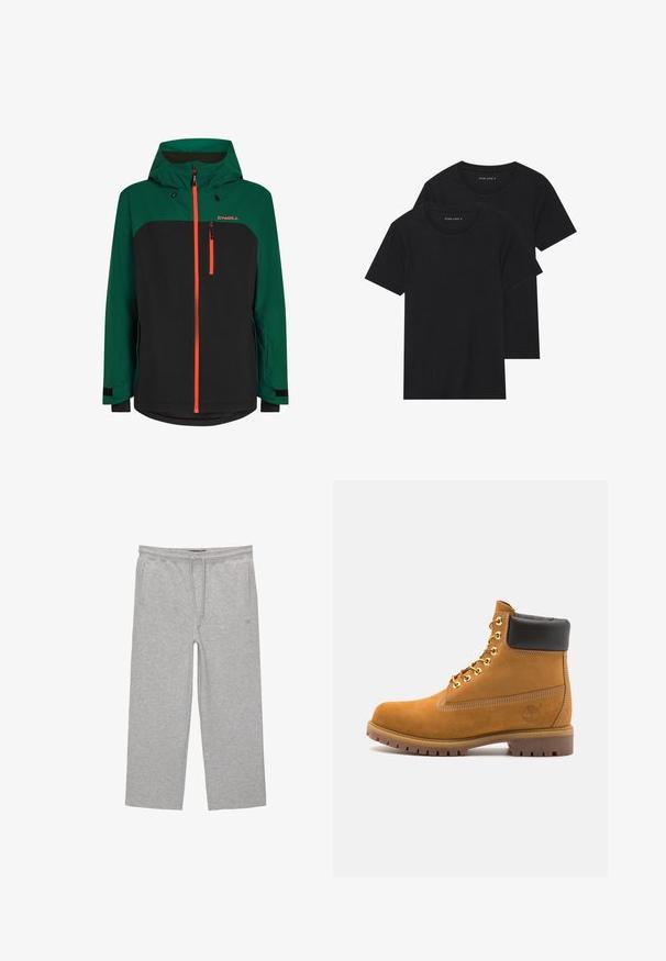 Veste verte et noire avec capuche, dotée de zips oranges, d'une poche poitrine zippée et de poignets ajustables. Fabriquée en matériau résistant aux intempéries.; Deux t-shirts en coton noirs à manches courtes, à encolure ronde et à texture lisse, présentés empilés l'un sur l'autre.; Pantalons de lounge en coton gris avec une taille élastique, un cordon de serrage et deux poches latérales ; design à jambe droite, texture douce, sans motifs.; Bottine en daim beige avec un col rembourré noir, œillets en métal doré, détails de surpiqûres blanches et semelle en caoutchouc robuste avec des crampons prononcés.