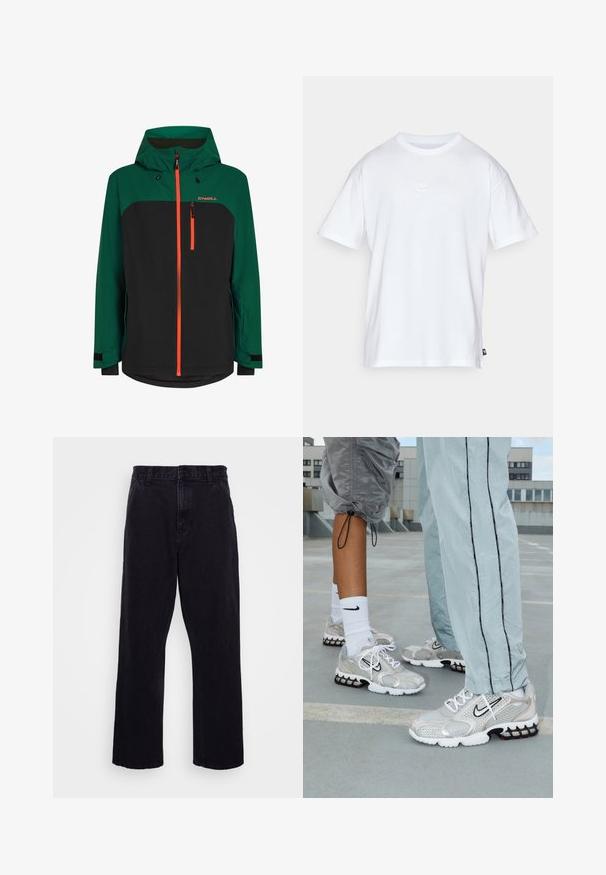 Roheline ja must jakk kapuutsiga, millel on oranžid lukud, lukupealne rindkott ja reguleeritavad mansetid. Valmistatud ilmastikukindlast materjalist.; Valge puuvillane t-särk lühikeste varrukatega ja ümmarguse kaelusega. Sellega on kaasas väike, tagasihoidlik Nike logo rinnal ja külgmine silt.; Mustad denimitüüpi püksid otse lõikega, varustatud nööbi ja tõmbluku kinnitusega, vöörihmadega ning minimaalsete õmbluse detailidega.; Nike spordijalatsid hõbedasest võrkmaterjalist, millel on valged paelad, must swooshi logo ja must-punane õhkpadi vahetald.