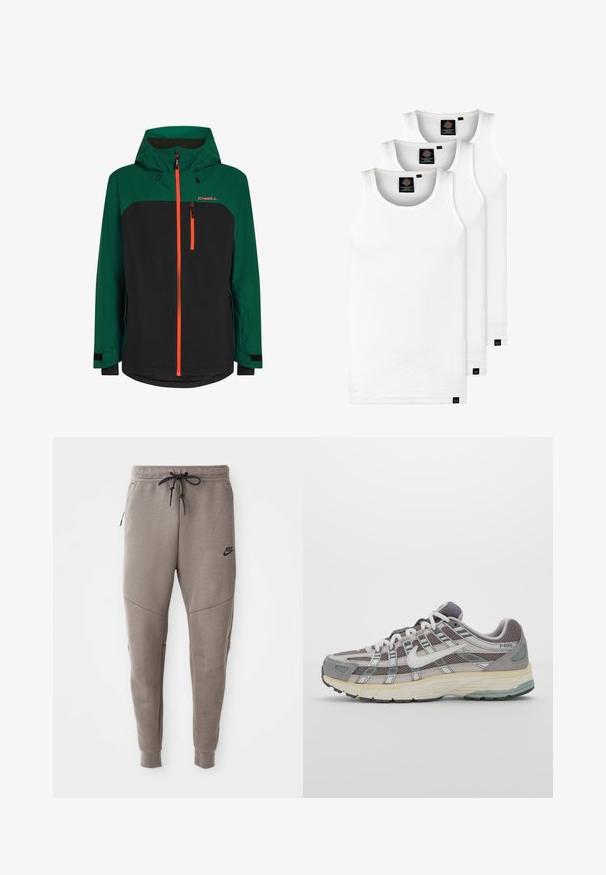 Žalia ir juoda striukė su kapišonu, su oranžinėmis užtrauktukais, užtraukiama krūtinės kišenė ir reguliuojamais rankogaliais. Pagaminta iš oro sąlygoms atsparios medžiagos.; Trys balti, dryžuoti marškiniai be rankovių, pagaminti iš medvilnės. Yra apvalus kaklas ir maži juodi etiketės netoli siūlės. Siūlomi įvairių dydžių.; Pilkos Nike kelnės su raišteliu liemenyje, siaurėjančiomis kojomis, šoninėmis kišenėmis ir išskirtiniais siūlų detalėmis. Minkšta, tekstūruota medžiaga.; Pilkas sportinis batas su tinklu ir zomšos viršutine dalimi, baltomis detalėmis, paminkštintu padu ir išskirtiniu dizainu su atspindinčiais elementais.