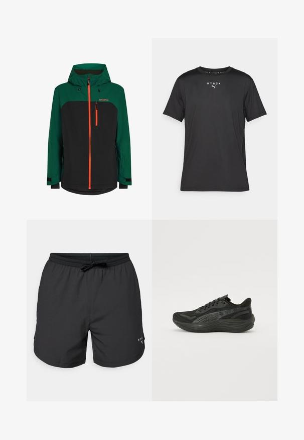 Green and black jacket with a hood, featuring orange zippers, a zippered chest pocket, and adjustable cuffs. Made from weather-resistant material.; Black short-sleeve sports t-shirt made of lightweight fabric. Features a crew neck and printed "HYROX" logo with a Puma emblem on the front.; Black swim shorts with an elastic waistband and drawstring. Lightweight fabric with side pockets. Features a small logo on the hem.; Black athletic shoe with a textured mesh upper, flat laces, and a cushioned sole featuring subtle reflective accents.