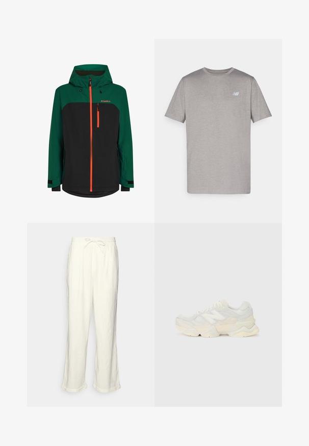 Zaļš un melns mantiņa ar kapuci, kurai ir oranži rāvējslēdzēji, rāvējslēdzēja krūšu kabata un regulējami piedurkņu gali. Izgatavota no laikapstākļiem noturīga materiāla.; Pelēks īsa piedurkne T-krekls, izgatavots no mīkstas auduma, ar vieglu logo gaiši zilā krāsā kreisajā krūtī. Apaļš kakla izgriezums, regulāra piegrieztne.; Lina bikses off-white krāsā ar saistāmu jostasvietu, nedaudz platām kājām un sarullētām apakšmalām, lai nodrošinātu brīvu piegriezumu. Bez kabatām.; Vieglas sporta apavus ar sieta un zamšādas augšdaļu maigos krēma tonī, ar masīvu zoli un trīsdimensionāliem akcentiem.