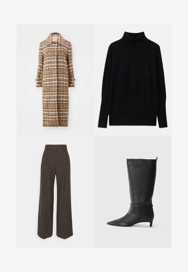 Rodebjer AIDA BRUSHED CHECK - Klassischer Mantel - brown; Schwarzer Rollkragenpullover aus weichem Stoff, mit gerippten Akzenten am Kragen und an den Bündchen, in lockerer Passform und mit seitlichen Schlitzen.; Dunkelbraune weite Hose mit hoher Taille, die über sorgfältig gebügelte Falten, eine glatte Textur und eine taillierte Passform verfügt.; Schwarze Lederkniehohe Stiefel mit spitzem Zehen, akzentuiert durch einen runden Riemen um das Knöchel und einen niedrigen, tapernden Absatz. Glatte Textur.