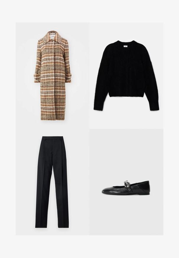 Rodebjer AIDA BRUSHED CHECK - Klassisk frakke - brown; Sort cropped sweater lavet af blødt materiale. Har en rund halsudskæring og lange ærmer med en blød tekstur. Minimalistisk design, ingen mønstre.; Sorte bukser lavet af glat stof, der har høj talje, brede ben, frontfolder og klassiske bælteløkker. Ingen synlige sidelommer.; Sorte læder balletflade med spids tå, udstyret med en rem med en cirkulær metallisk spænde og en flad sål.