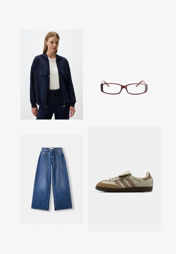 Marineblauer Reißverschluss-Hoodie mit zwei Brusttaschen, verstellbarem Tunnelzug und elastischen Bündchen. Weiches Material mit glatter Textur.; Brauner Kapuzenpullover mit langen Ärmeln, weißen horizontalen Streifen, V-Ausschnitt mit drei Knöpfen und Zugbändern an der Kapuze, mit dem Etikett Bershka.; Bershka WIDE-LEG - Wide Leg - dark blue; Braune und cremefarbene Sportschuhe mit drei beigefarbenen Streifen, aus Wildleder und Leder gefertigt, Schnürdesign und Gummisohle. Textlogo an der Seite.; Rote rechteckige Brille mit schlankem Design. Klare Gläser, leicht durchsichtige Bügel und ein Verlaufseffekt von Rot zu Grau.