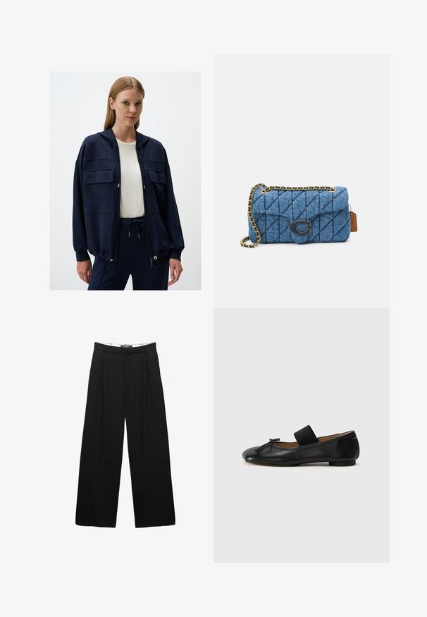 Marineblauwe zip-up hoodie met twee borstzakken, aanpasbare trekkoordcapuchon en elastische manchetten. Zachte stof met een gladde textuur.; Blauw en witte verticaal gestreepte langemouwen overhemd met knoopsluiting, puntige kraag en één borstzak.; Zwarte wijde pantalon van soepel materiaal. Voorzien van plooien aan de voorkant, een tailleband met riemlussen en een getailleerd silhouet.; Zwarte leren balletschoenen met een ronde neus, een klein knoopdetail en een elastische band over de wreef voor een stevige pasvorm. Platte zool.; Blauwe gewatteerde denim schoudertas met een gouden kettingstrap en een opvallend gouden logo accent op de voorkant. Compact rechthoekig van vorm.; Zilveren metalen oorbellen met een golvend, sculpturaal ontwerp, voorzien van een gepolijste afwerking en onregelmatige vormen, die een hedendaagse esthetiek benadrukken.
