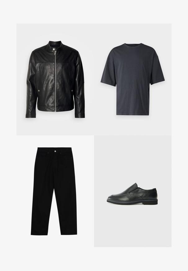Zwarte leren jas met een staande kraag, vooraan met ritssluiting en zijzakken. Beschikt over een gladde textuur en subtiele stiksels.; Donkergrijs T-shirt met korte mouwen, gemaakt van lichtgewicht katoen, met een losse pasvorm en een klassieke ronde hals, met een effen textuur en zonder patronen.; Zwarte denim broek met een recht gesneden pasvorm, vijf gebruikersvriendelijke zakken en een sluiting met een knoop aan de voorkant. Soepele textuur met minimale stikdetails.; Zwarte leren instapper met een soepele bovenkant, gestikte accenten, ronde neus en een lage rubberen hak. De zool heeft minimale profiel.